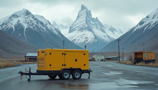 Yellow mobile generator sits on wet asphalt in industrial area. Snowy mountains rise behind buildings under cloudy sky. Power supply unit offers remote energy solution for outdoor operations.