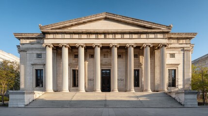 Fototapeta premium Grand entry of a historic bank with tall marble columns and steps