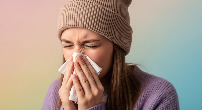 Woman in purple sweater and brown beanie blows nose on tissue