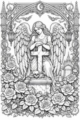Fototapeta premium Intricate black and white illustration of a solemn winged angel leaning on a stone cross amid roses, skulls, and gravestones, perfect for gothic coloring or Halloween decor.