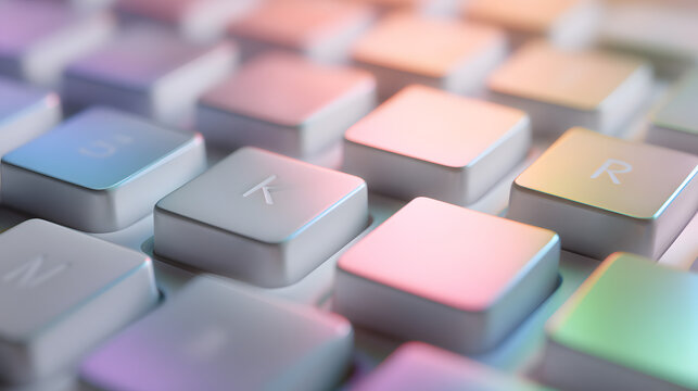 Close-up of mechanical keyboard keys with colorful pastel lighting, creative gaming and digital lifestyle concept