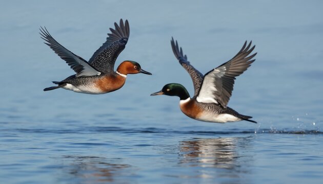 Two red-breasted mergansers fly low over calm blue water. Male and female ducks with green and red heads glide through air. Birds flap wings during flight near ocean surface.