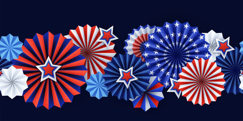 Seamless horizontal background with 3d paper stars rosette in USA flag colors. Vector Independence Day banner, poster