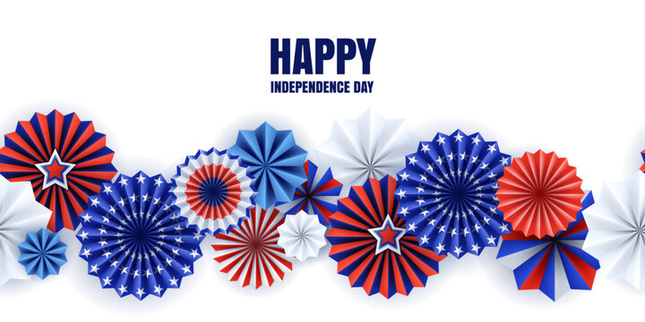 Seamless horizontal vector background with USA flag 3d paper stars. Independence Day 4th of July banner, poster design