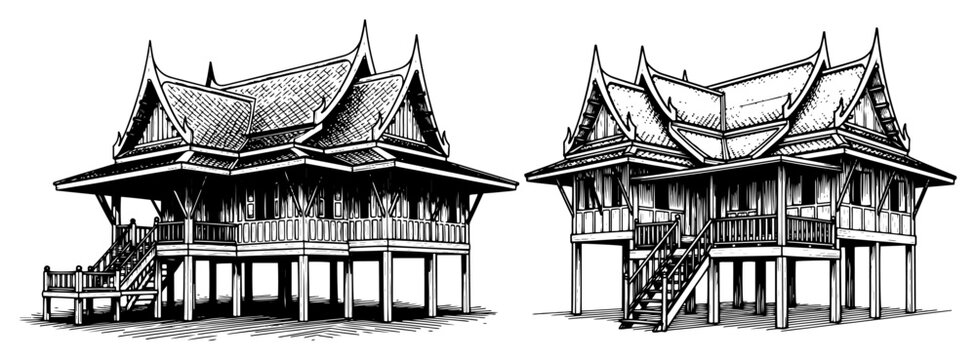 Traditional Thai wooden houses on stilts with ornate roofs in hand drawn style