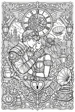 Intricate steampunk coloring page with a loving couple sharing an intimate embrace beneath a giant winged clock, surrounded by roses, gears and vintage details.