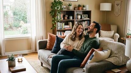 Obraz premium Joyful couple embracing and laughing on a cozy sofa in a modern living room, sharing a happy and intimate moment at home.