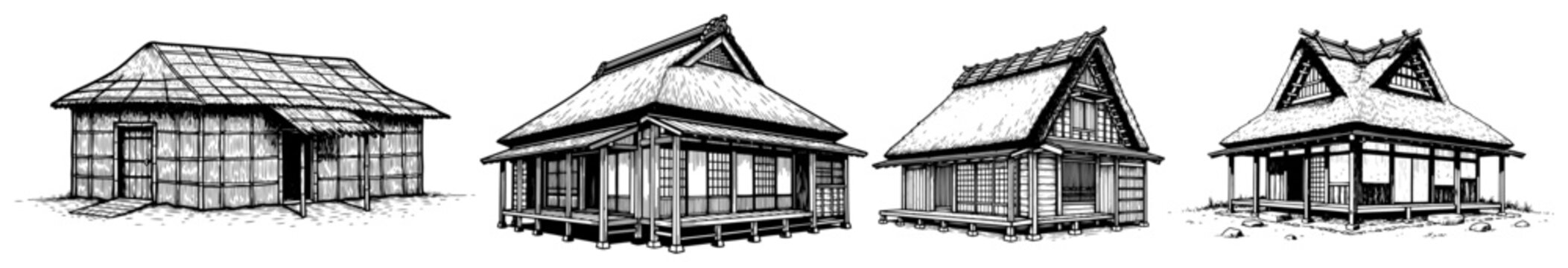 Set of black and white sketches of traditional Japanese houses with thatched roofs and wooden frames