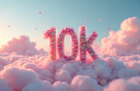 Ten thousand followers celebratory graphic in soft pastel clouds. Numbered 10K sign filled with heart candies. Sky glows warm sunset hues. Dreamy milestone celebration.