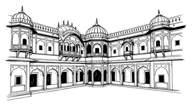 Detailed black and white architectural drawing of a traditional Indian palace courtyard with ornate arches