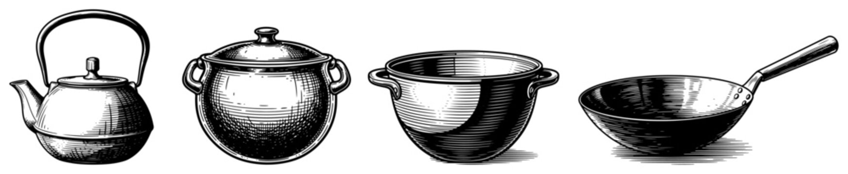 Collection of hand drawn kitchenware sketches including a kettle pots and a wok