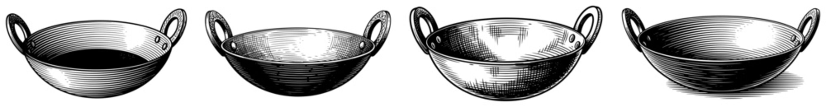 Detailed ink sketches of traditional metal cooking pots with handles in various sizes