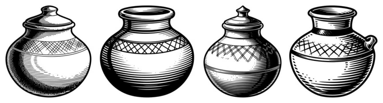 Hand drawn ink illustration of traditional textured clay pots and ceramic vessels