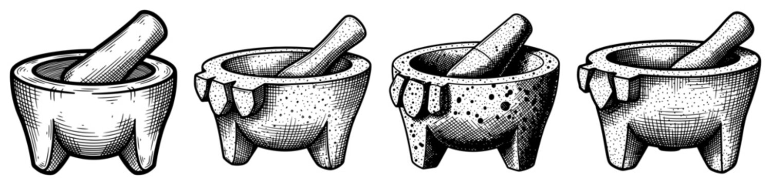 Detailed black and white sketch of traditional stone mortar and pestle sets for grinding spices
