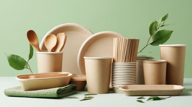Eco-friendly disposable paper tableware and packaging concept on a soft green background