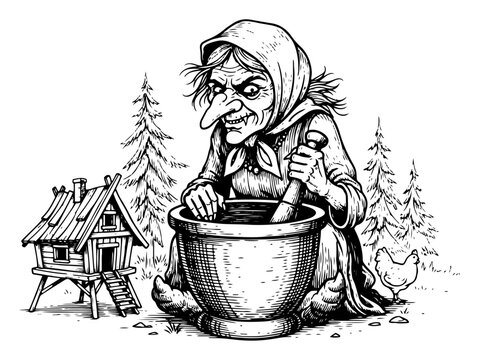 Vintage ink illustration of Baba Yaga witch stirring a large mortar next to a hut on chicken legs