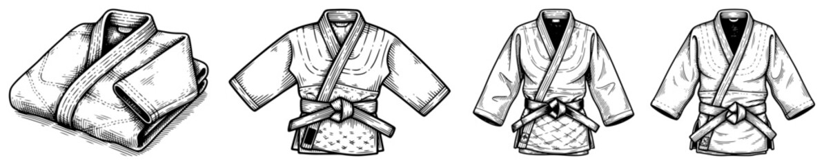 Set of hand drawn ink illustrations showing various judo and karate martial arts uniforms © Tomas