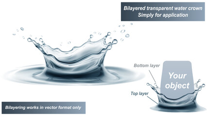 Transparent water crown in gray colors with splashes and drops. It consists of two layers - front and back. You can insert any object between them, only for vector format.