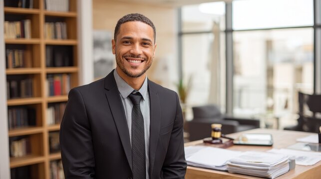 Executive associate portrait of a professional lawyer in an office setting, prepared for consulting and notarial work
