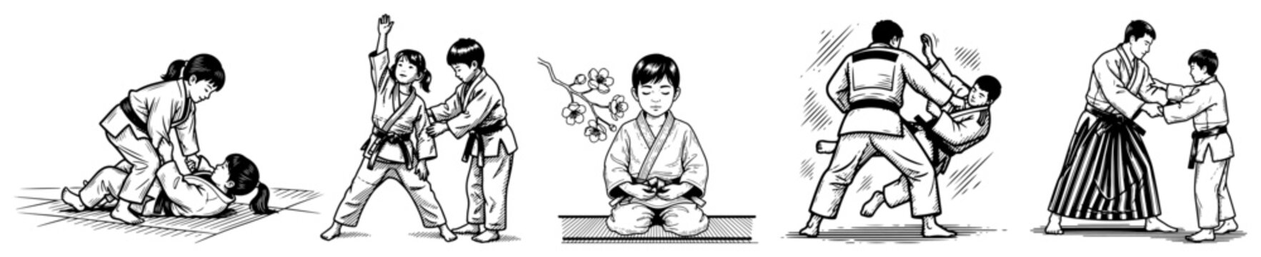 Collection of vintage ink sketches depicting children practicing judo and martial arts