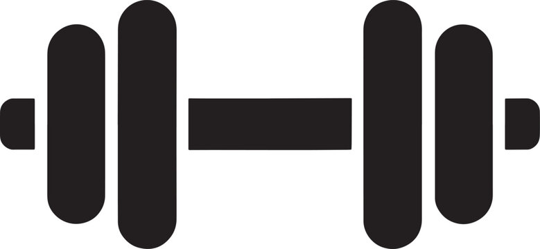 A simple black representing a dumbbell with rounded weight plates and a central bar, symbolizing fitness, exercise, weightlifting, and strength