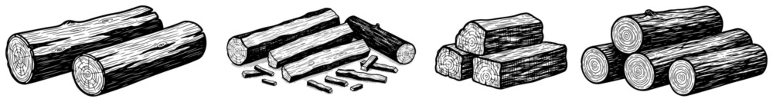 Collection of black and white hand drawn sketches of wooden logs and firewood piles