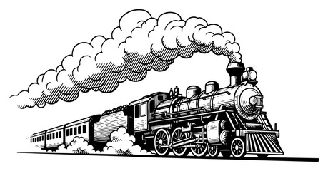 Detailed black and white illustration of a classic steam locomotive train with smoke clouds © Tomas