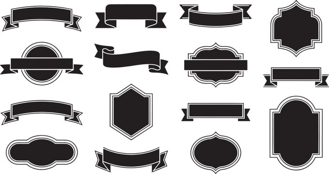 Assortment of Black and White Decorative Ribbons Banners and Frames for Titles and Labels on a White Background