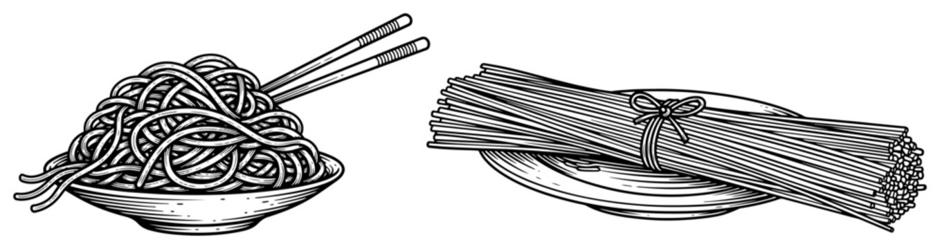 Vintage ink drawing of asian noodles in a bowl with chopsticks and raw spaghetti