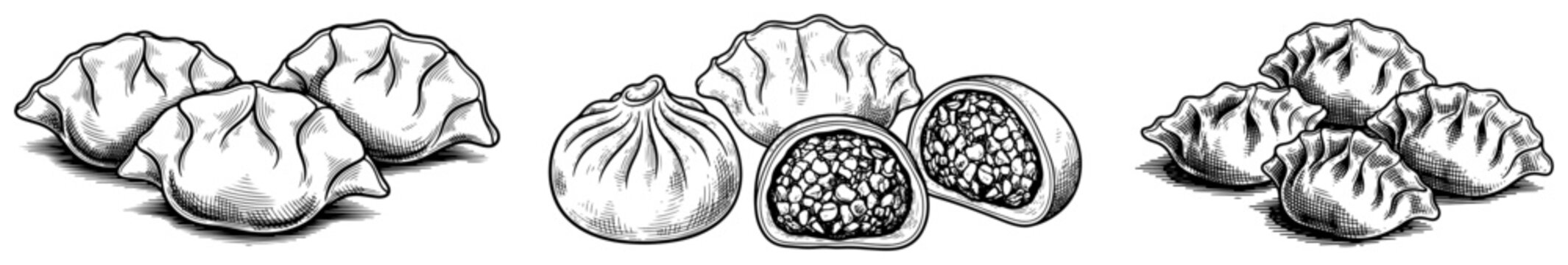 Collection of traditional Chinese dumplings and dim sum sketches featuring different shapes