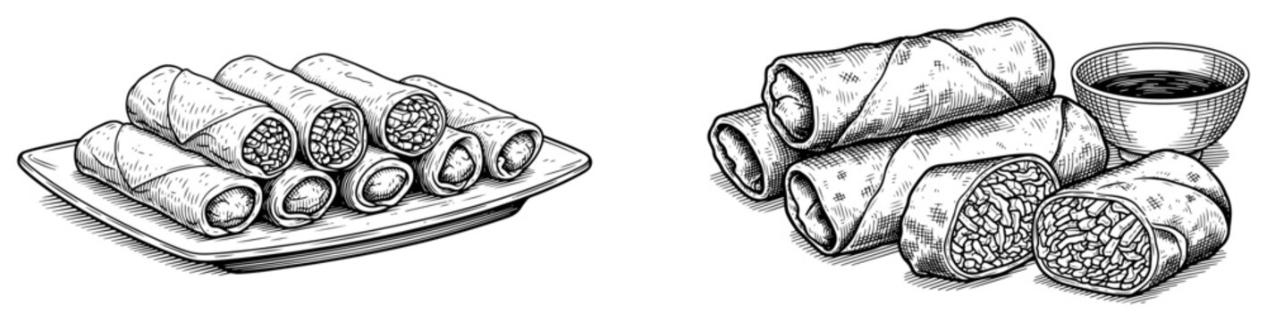 Set of hand drawn illustrations featuring crispy spring rolls with dipping sauce