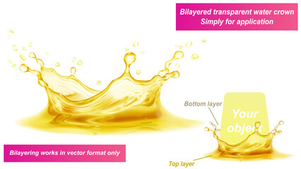 Transparent water crown in golden colors with splashes and drops. It consists of two layers - front and back. You can insert any object between them, only for vector format.