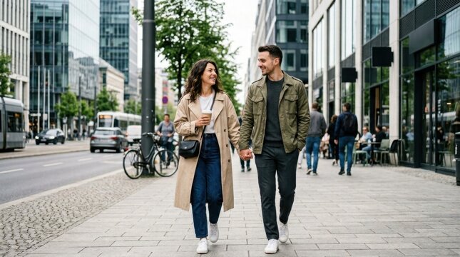Young couple in love smiling and walking hand in hand on a city street, enjoying an urban stroll together.