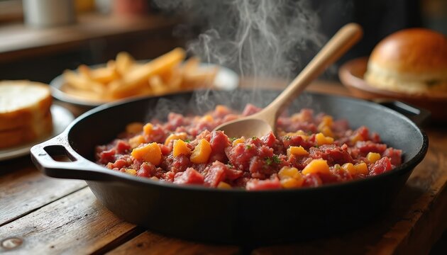 Hot corned beef hash with potato cubes simmers in cast iron skillet. Steam rises from food. Served with toast bread and fries. Delicious meal.