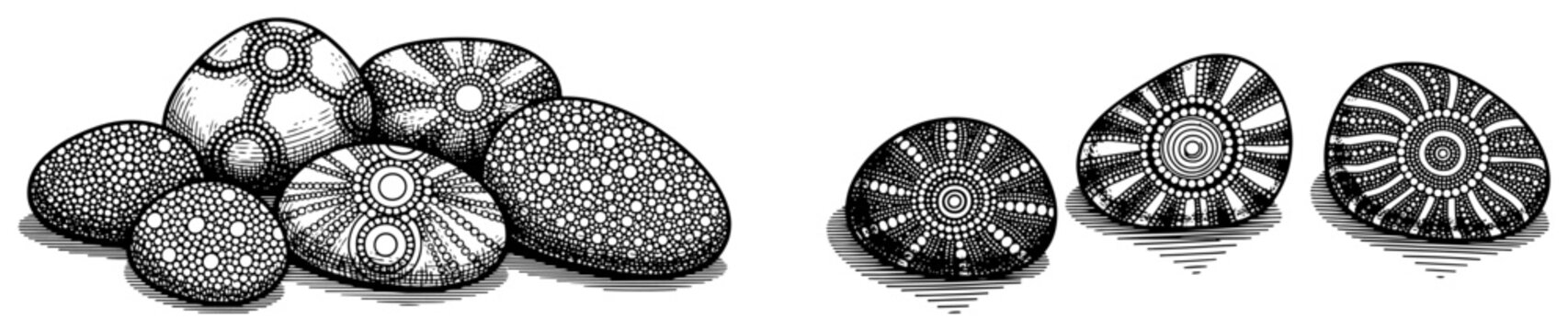 Collection of hand drawn decorative stones with intricate dot patterns and tribal mandalas