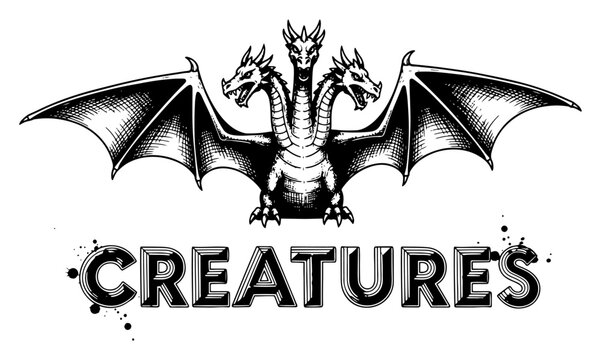 Detailed ink drawing of a three headed dragon creature with large wings