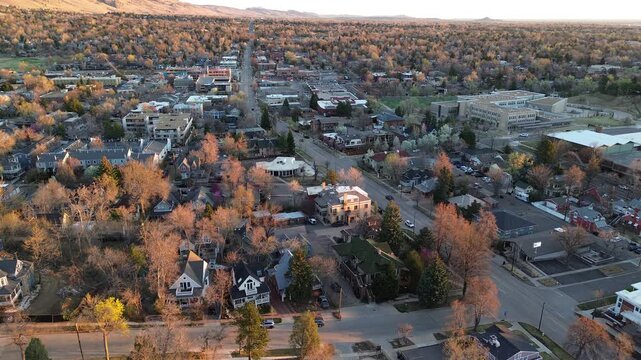 Mixed Boulder residential, small commercial blocks form loose grid beneath distant foothill ridges, tree lined streets. Warm light washes gabled roofs, flat decks, parked cars, bare canopies