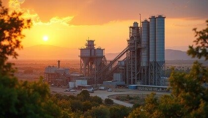 Obraz premium Large cement plant facility with tall silos and industrial structures under a warm, orange sunset sky. Trucks are visible near loading bays on the dusty ground.