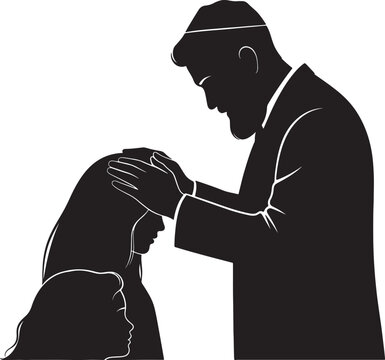Jewish man blessing his wife and daughter with hands on their heads, silhouette vector illustration of a family ritual.