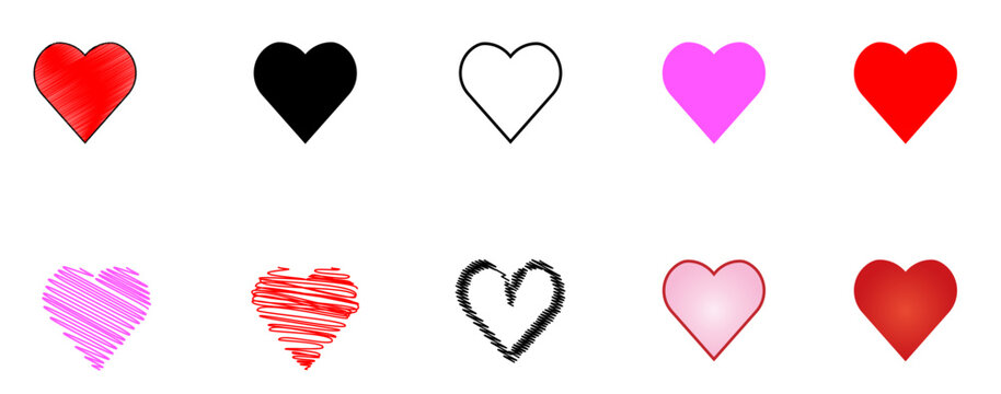 Conjunto de corazones. Ilustraci&oacute;n vectorial con forma de garabato, en color, en blanco y negro. Iconos de San Valentin para sitio web, folleto, app y otros.