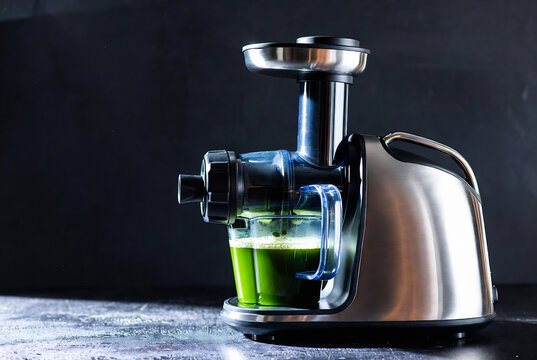 A stainless steel countertop juice extractor is positioned on a dark surface, dripping with freshly pressed green juice.