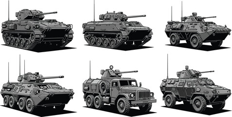 Obraz premium Armored military vehicles set featuring tanks and combat transport carriers detailed illustration isolated heavy army machinery for defense operations and tactical design use