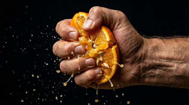 Hand squashing a ripe orange against a black background with juice splashing.