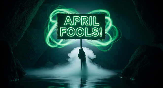 Mysterious hand holding glowing neon April Fools sign above misty water, pranks concept, magic trick atmosphere, green energy swirls