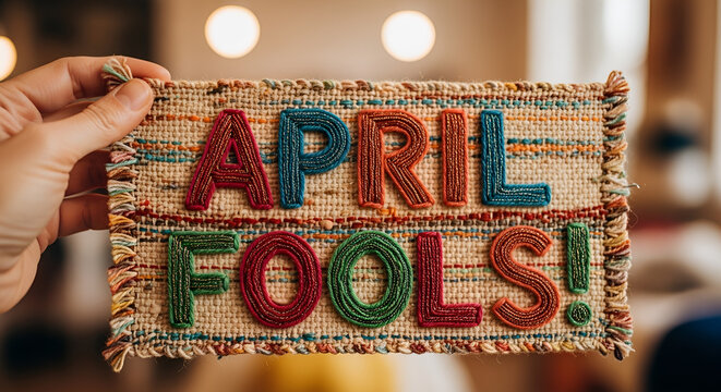 Hand holds woven craft sign reading April Fools in colorful letters, festive holiday prank concept with warm bokeh background and textured burlap material