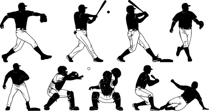 Baseball players at different positions, group of baseball players, isolated vector silhouettes, team sports high contrast illustrations