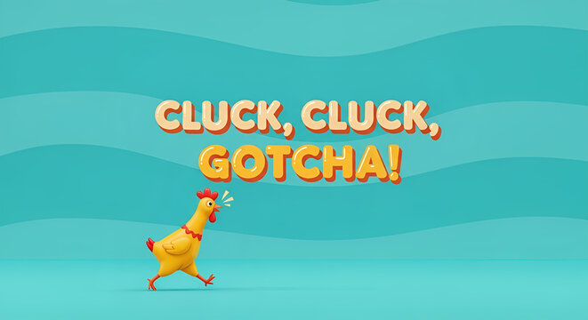 3D funny chicken pranks on Easter eggs with text Cluck Cluck Gotcha for April Fool celebration and holiday prank marketing content.