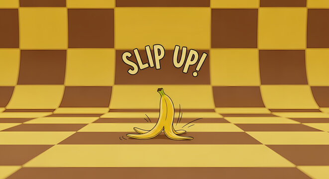Cartoon banana peel with bold text 'SLIP UP!' on checkered background, perfect April Fool's prank illustration, funny visual gag concept