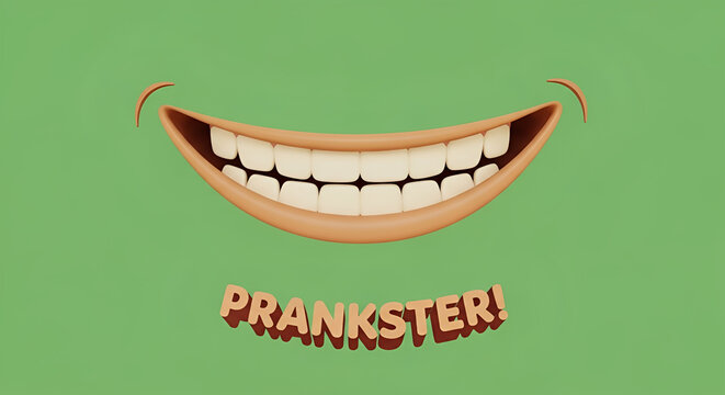 3D cartoon smile with text 'PRANKSTER!' celebrates April Fool's Day pranks, jokes, and silly humor concept for playful content design.