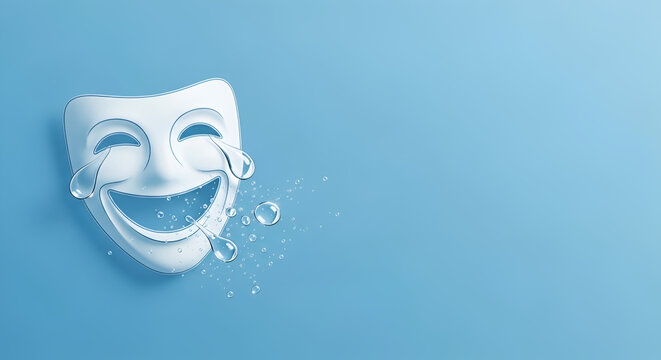 Hilarious white comedy mask shedding laughing tears against calm blue background, April Fool's Day celebration, joyful prank concept, humorous expression design
